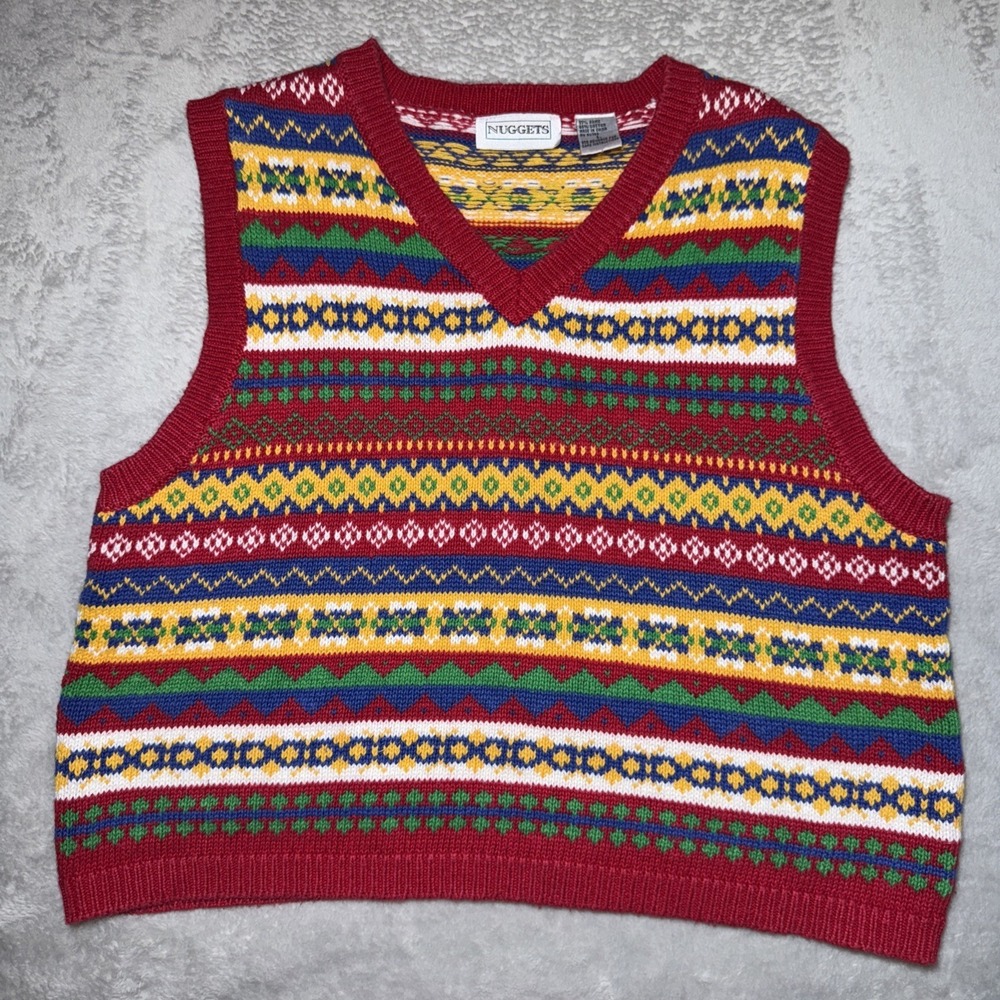 VTG NUGGETS Multicolor Stripe‎ V-Neck Knit Pullover Vest Size Large Ramie Blend